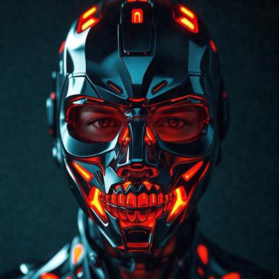 The primary subject of the image is a close-up of a futuristic robot face with a mouth full of teeth. The robot's face is illuminated by neon lights, giving it a glowing appearance. The setting is a dark background, which contrasts with the brightly lit robot face. The visual style is a combination of digital art and illustration, creating a striking and unique image. The colors and mood of the image are predominantly dark and mysterious, with the neon lights adding a touch